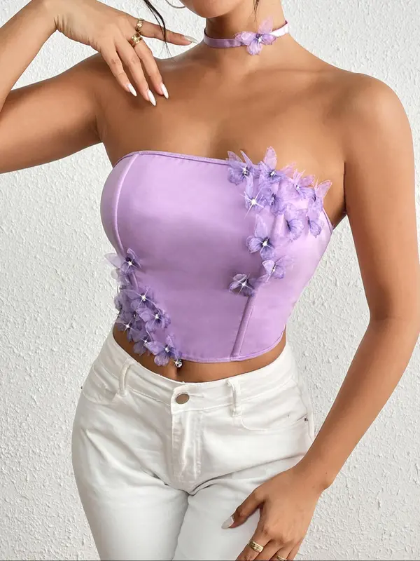 Women's Butterfly Decor Crop Tube Top ＆ Choker, Casual Strapless Top for Daily Wear, Ladies Clothes for All Seasons 3
