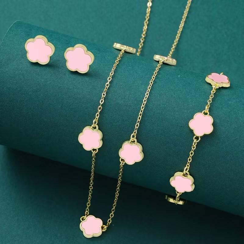 Product Introduction of Lucky Five-petal Flower Five-leaf Clover Bracelet Earrings Necklace Three-piece set for woman Stylish Accessories Party Jewelry 7