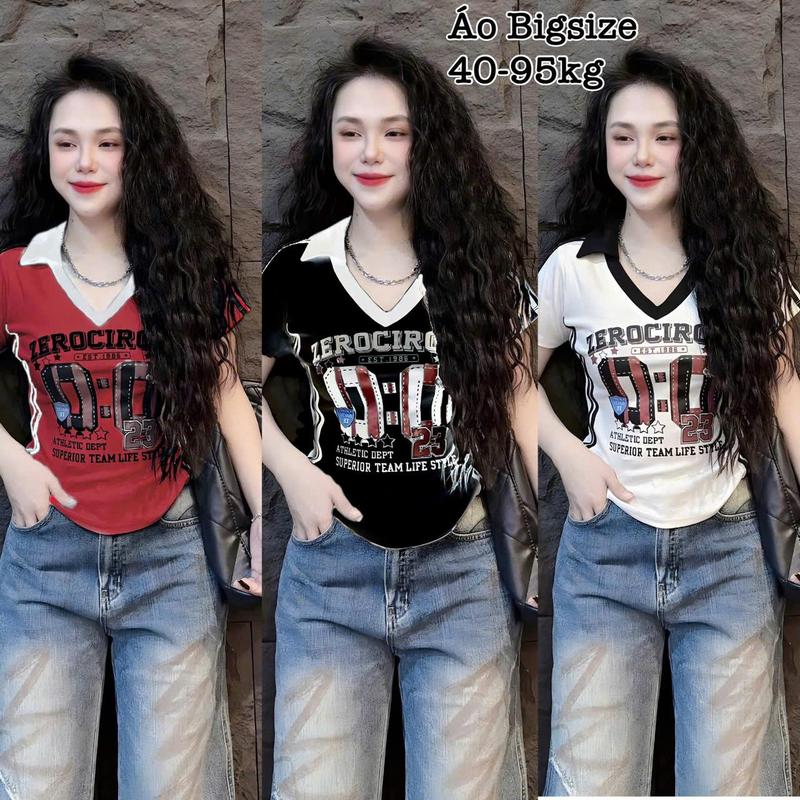 Áo Thun Nữ Bigsize 40-95kg Cổ Tim Polo Sọc in Chữ Chất Gân Tăm Co Giãn Xinh Đẹp Hot Hit Chuppy Dễ Thương Body Ôm Gọn Tôn Dáng Giá Rẻ Freesize 50-95kg Top Nữ Màu Xám Màu Đen Áo Croptop Áo Polo Áo Suit Áo Phông Nữ Women Màu Đỏ - 2489