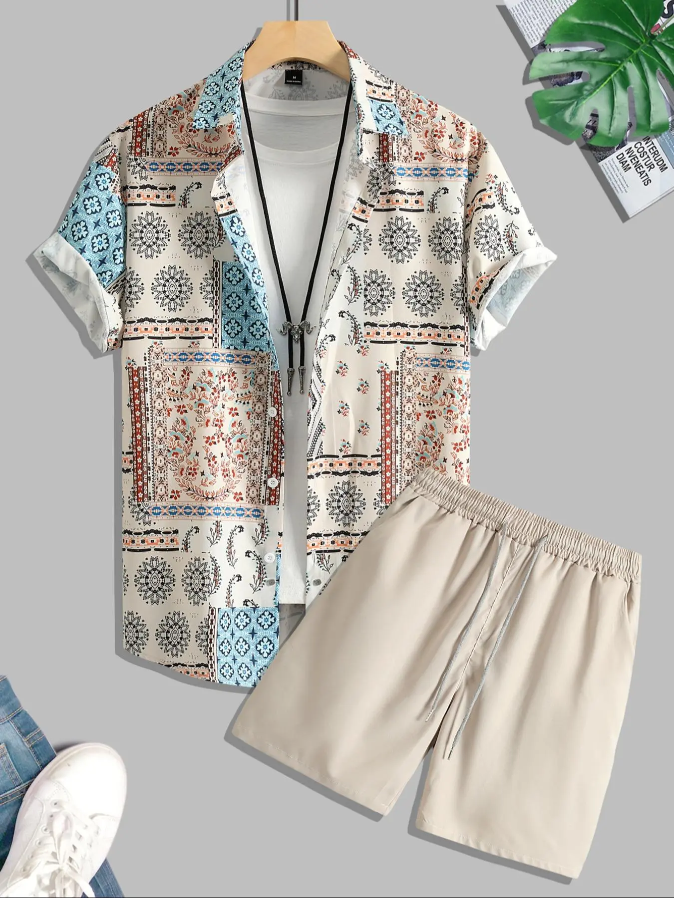Two Counts Men's Ethnic Pattern Button Front Shirt & Plain Drawstring Pocket Shorts Set, Boho Casual Loose Short Sleeve Collared Top & Elastic Waist Shorts for Summer, Men's Fashion Outfits for Beach Vacation