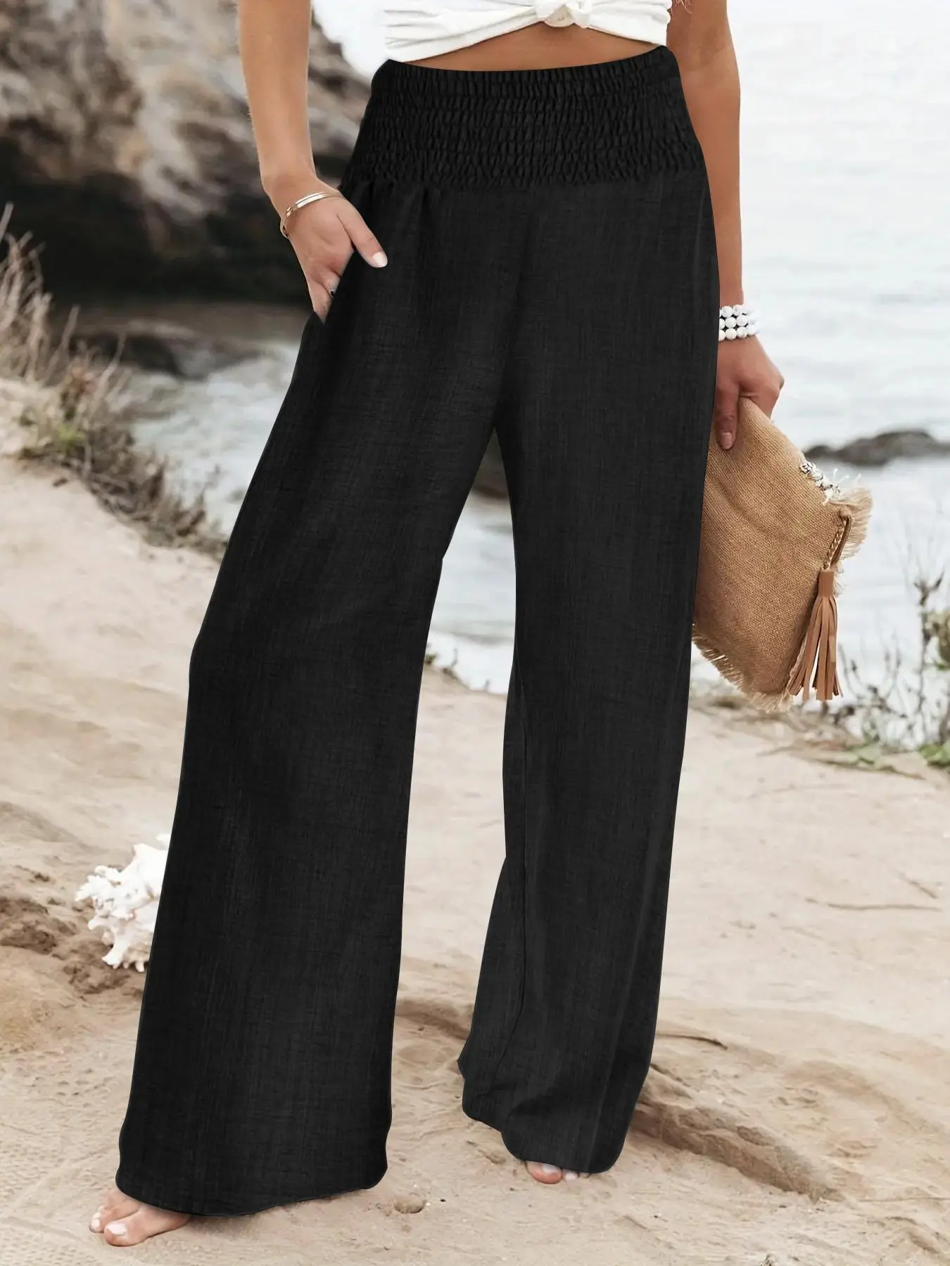 Women's Plain Shirred High Waist Wide Leg Pants, Casual Comfy Trousers for Women for Daily Wear, Ladies Bottoms for All Seasons, Summer Outfits 2024
