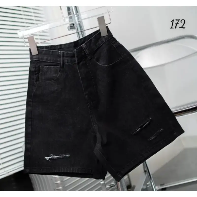 Quần sort ngố jean nữ rách 3 line ống rộng 0