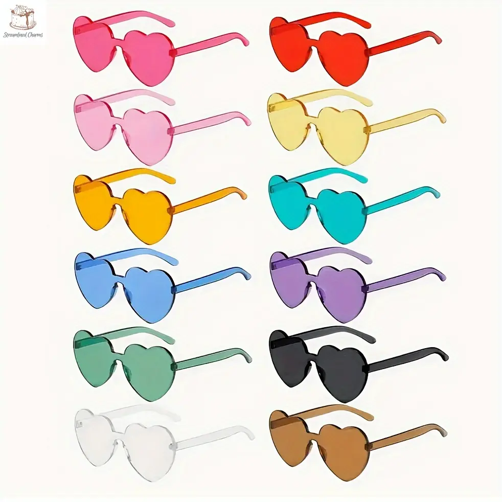 Streamlined Charms  12pcs Heart-Shaped Plastic Glasses for Party Props, Fit Weddings & Holidays, No Feathers
