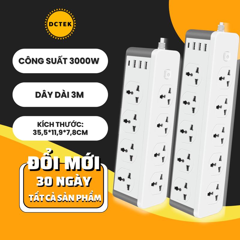 Ổ Cắm Điện Đa Năng DCTEK có 10 Cắm,8 Cắm dây 3m Chịu Tải 3000W Tích Hợp USB,TypeC An Toàn Chống Cháy Chống Giật. Hình dáng tam giác (ổ điện không bluetooth goneo vn thông minh)