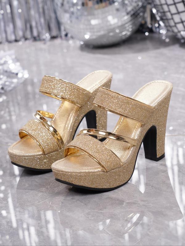 Women's Fashionable Glittering Heeled Sandals, Elegant Open Toe Sandals for Party, Daily Clothing Decor for Women & Girls, Walking Shoes 5