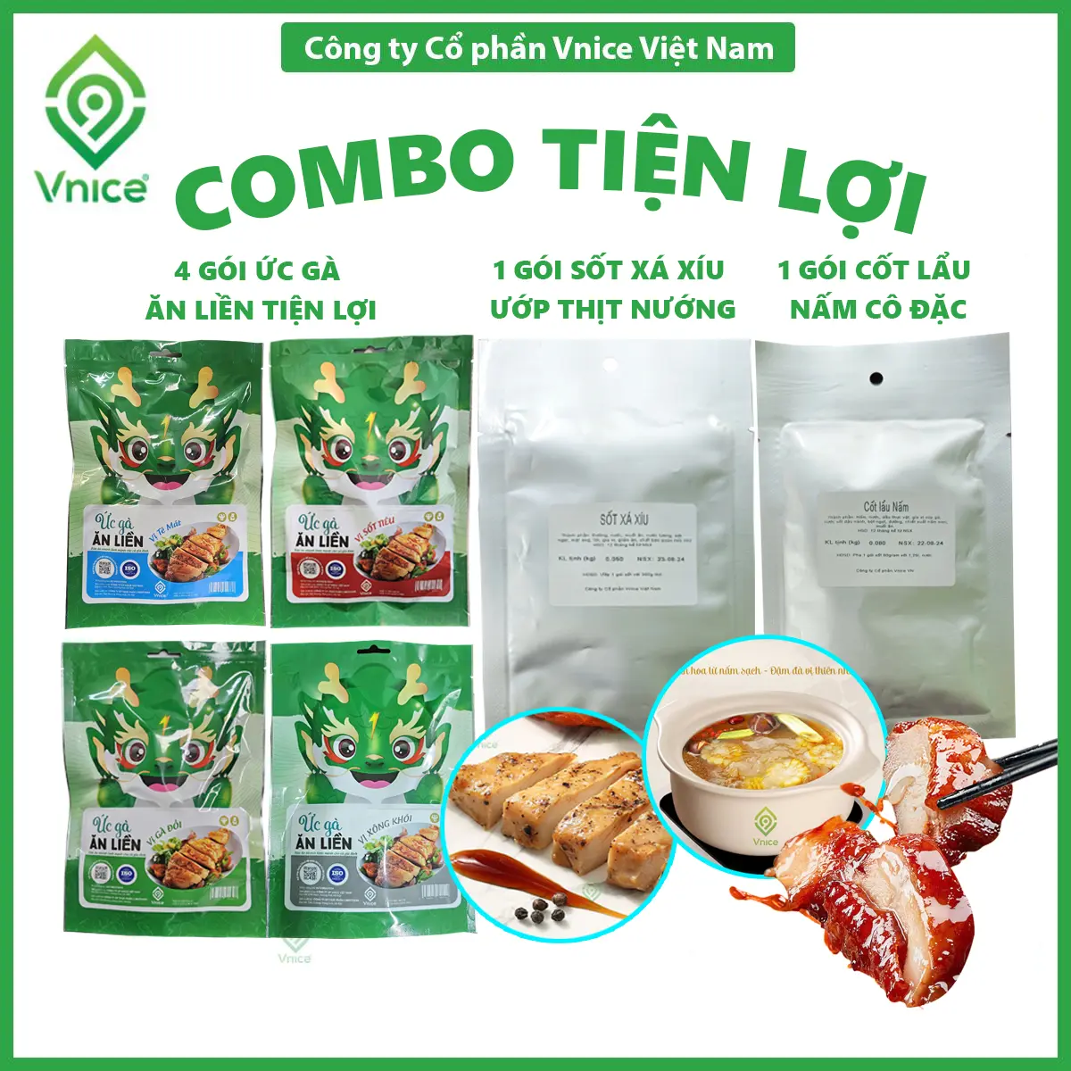 [NEW] COMBO TIỆN LỢI - 4 Ức gà ăn liền Kawai - 1 Sốt ướp xá xíu - 1 Cốt lẩu nấm - V9 Food