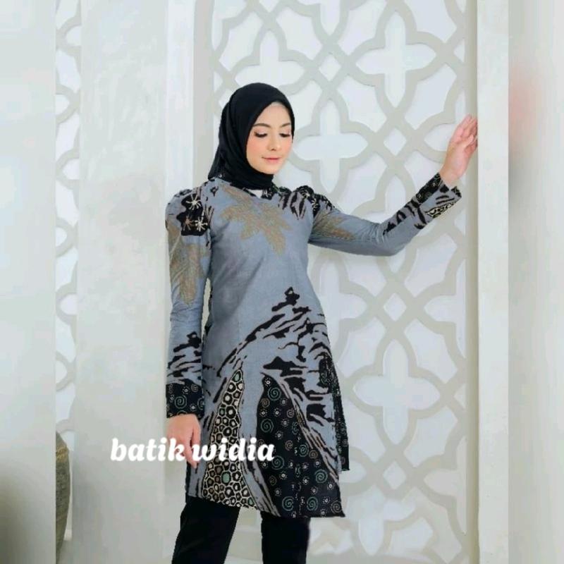 Tunik Batik Modern Wanita Lengan Panjang Puffy Shoulder Tunik Mustika By Batik Widia Katun Motif Seragam Kerja 7