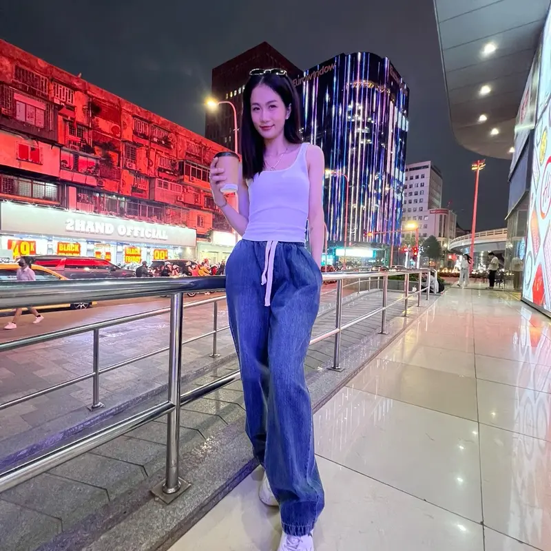 Quần Jeans Nữ Lưng Chun ống Suông Dây Rút Màu Dơ Free Size Dưới 65kg Tua Rua Ong Pants Women - Xưởng may Mỹ Nhung quan  jean qc 4