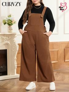 YOZY-CURVZY Plus Size Solid Button Pocket Corduroy Overalls, Casual Suspender Pants for Daily Wear, Women's Bottoms for All Seasons
