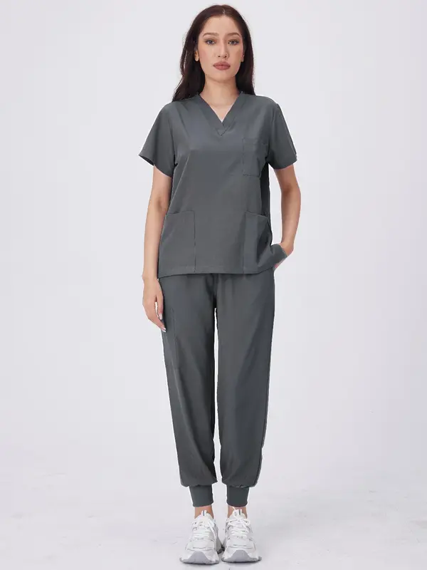 Women's Solid Color V Neck Pocket Top & Pants Workwear Set, Casual Comfy Breathable Two-piece Set for Daily Wear, Women's Workwear for All Seasons 1