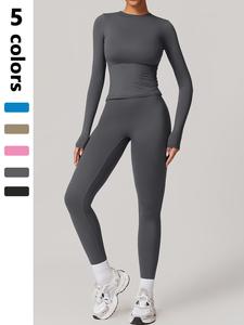 Women's Solid Long Sleeve Tee & Leggings Tracksuit Set, Sporty Round Neck Top & High Waist Skinny Pants Two-piece Outfits for Gym Workout Running, Ladies Fall & Winter Sportswear