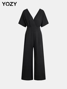 YOZY Women's Plain Wrap V Neck Wide Leg Jumpsuit, Casual Short Sleeve Zipper Jumpsuit for Daily Wear, Ladies Clothes for All Seasons