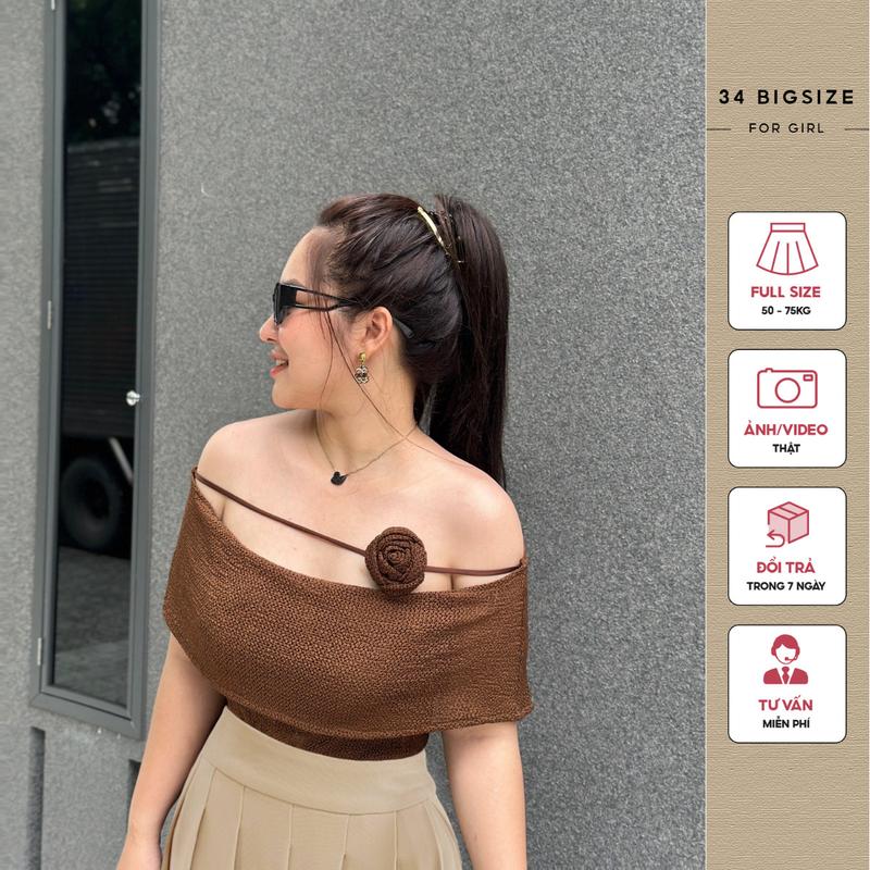  Áo trễ vai 34AK026 34 Bigsize Áo thun nữ bigsize sang chảnh tay ngắn chất thun co giãn thoải mái 