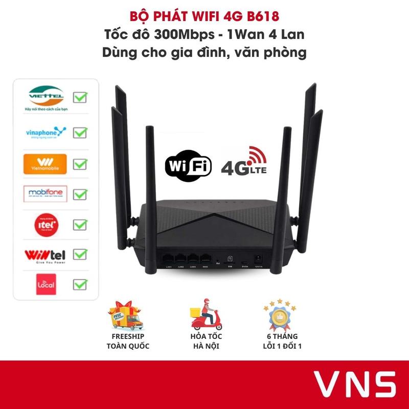 [VNS] B618 Bộ Phát Wifi 4G 6 Râu (1 Wan 3 Lan) Kết Nối 32 Thiết Bị Không Kén Sim - Thiết Bị Mạng Việt Nam