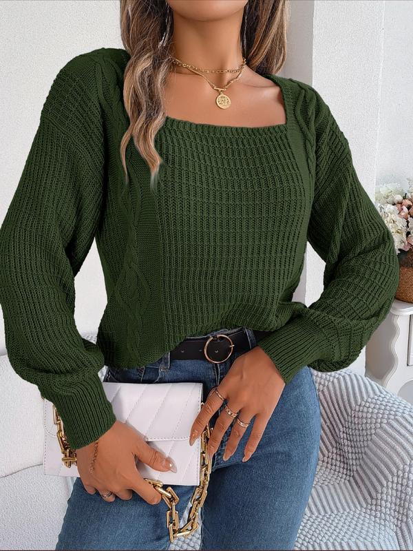 Women's Plain Textured Square Neck Drop Shoulder Sweater, Fashion Casual Long Sleeve Jumper for Daily Outdoor Wear, Women's Knit Top for Spring & Fall 0