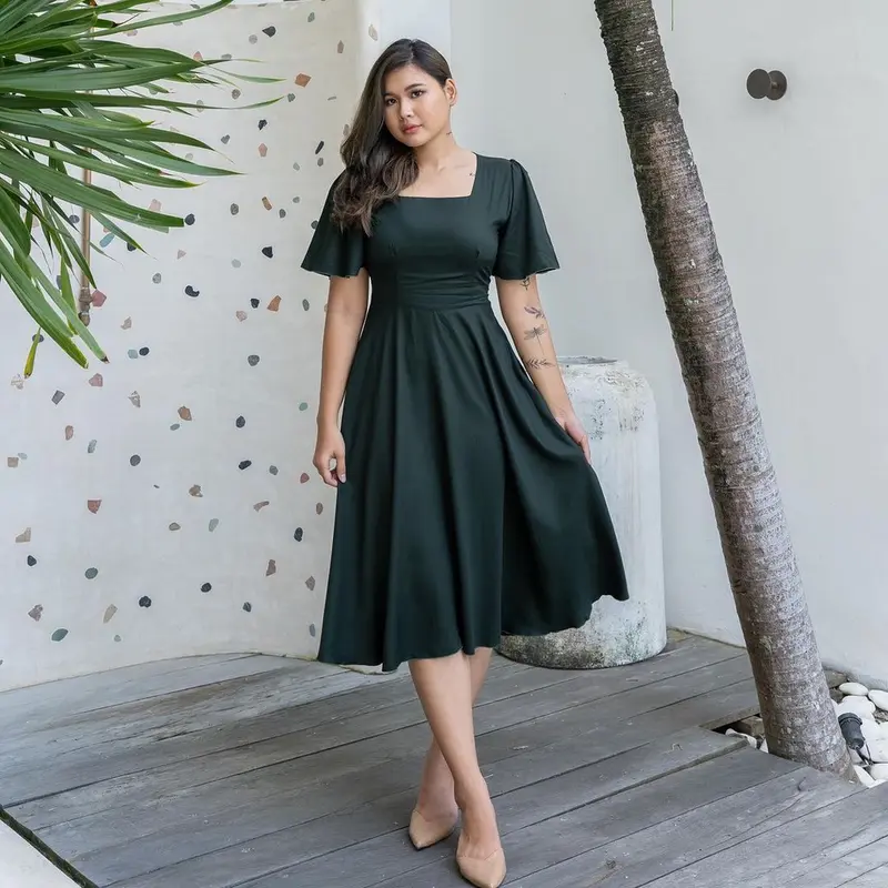 Jesika dress//dress leher kotak dress midi wanita polos Manis 1