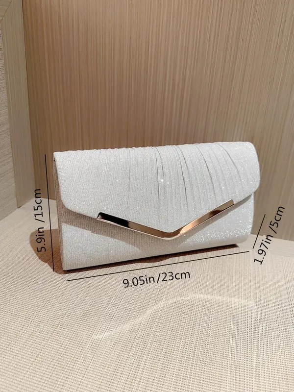 Elegant Solid Color Metal Bar Decor Glittery Flap Clutch With Chain Strap, Women's Evening Bags For Party Wedding 5