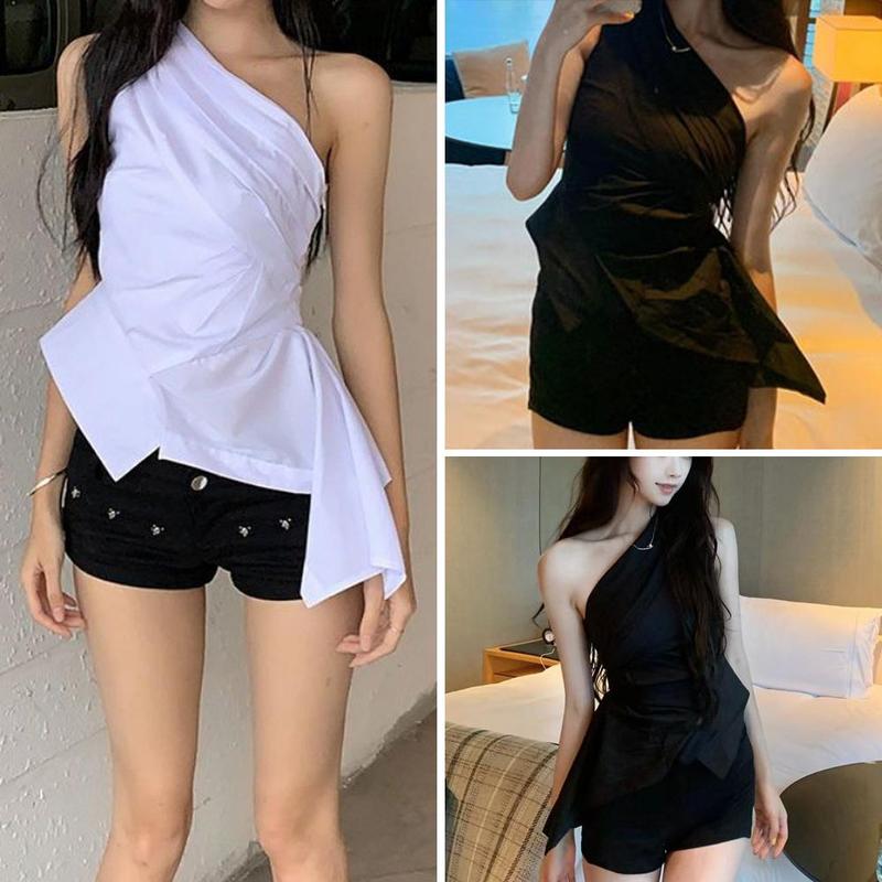 Product Introduction of Áo Sơ Mi Trắng Trễ Vai Thiết Kế Độc Đáo Bất Đối Xứng Dễ Thương Và Gợi Cảm, Áo Nữ, Thích Hợp Cho Mùa Hè 2024, Vai Nghiêng Xếp Ly, Dành Cho Bé Gái 14