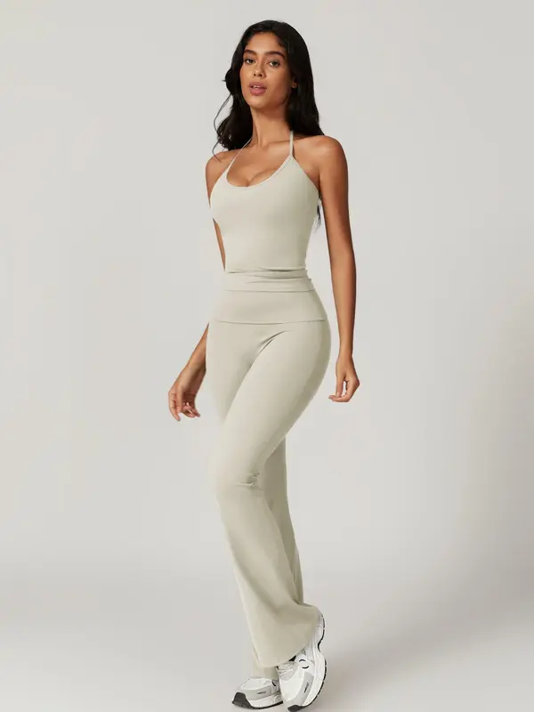 Women's Solid Crop Cami Top & Flare Leg Pants Two-piece Set, Casual Fashion Cozy Breathable Two Piece Outfits for Daily Outdoor Wear, Ladies Clothes for Summer, Womenswear 0