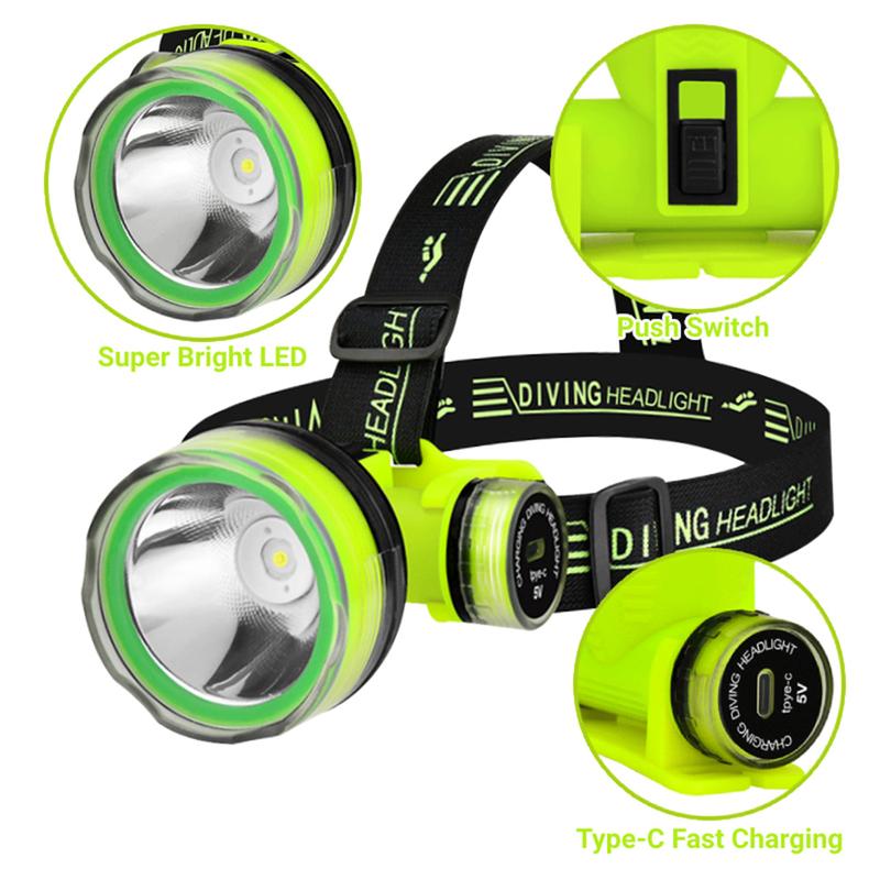 Product Introduction of 【Local】Diving Headlight Rechargeable Professional Flashlight Waterproof Led Fishing Flashlight 1200mAh 30