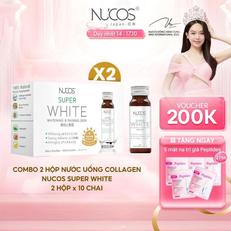 Combo 2 hộp TPBVSK Nước Uống Collagen Nucos Super White Hỗ Trợ Dưỡng Trắng Da Mờ Thâm Nám 20 chai x 50 ml