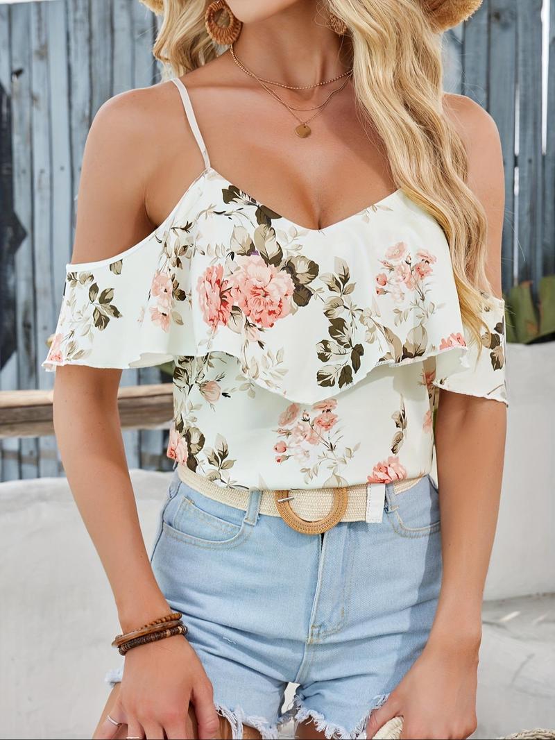 Product Introduction of Women's Floral Print Cold Shoulder Cami Blouse, Boho Ruffle Adjustable Strap Top for Summer, Ladies Clothes for Beach Holiday Vacation 4
