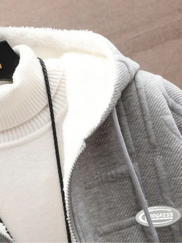 Men's Letter Embossed Drop Shoulder Zip Up Hooded Jacket, Regular Fit Casual Long Sleeve Drawstring Pocket Outerwear for Fall & Winter, Men's Clothes for Daily Wear 3