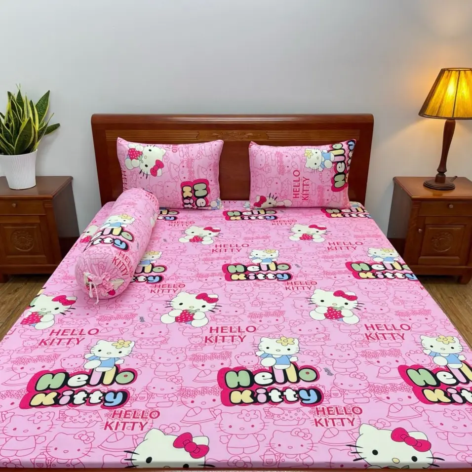 bộ ga giường thun lạnh hello kity hồng