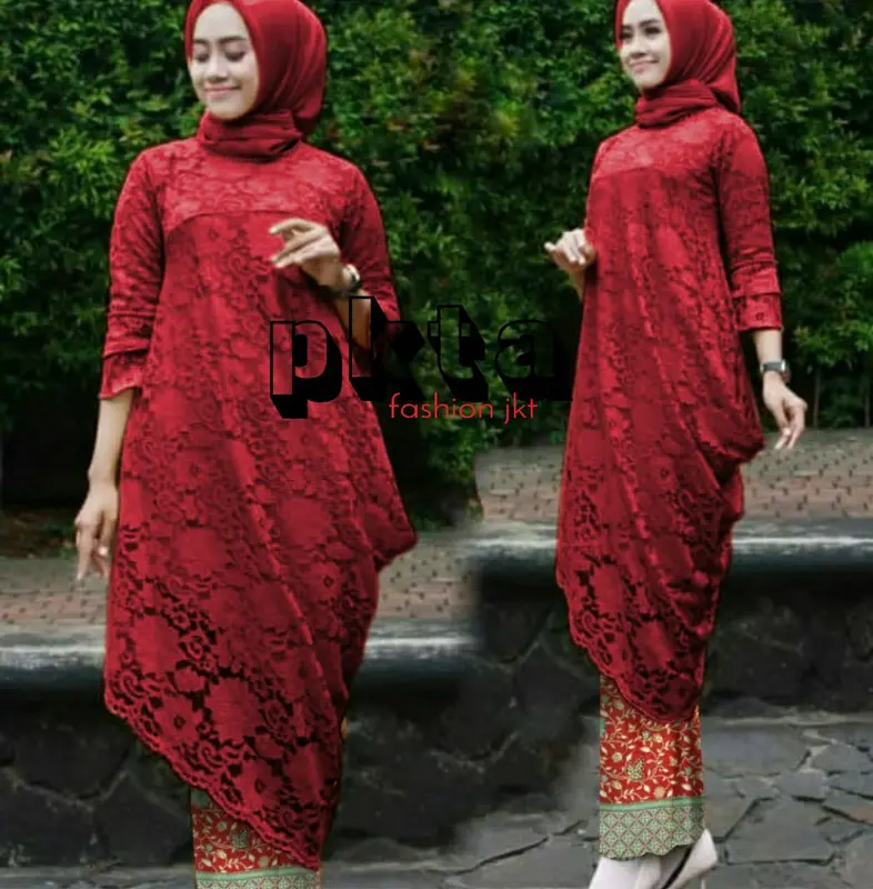 Setelan Kebaya Brokat Menceng/Miring Liza Koleksi Atasan Kondangan Tunik Panjang - Batik, Dress 1