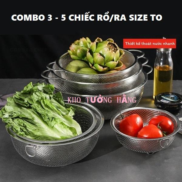 COMBO Rổ Rá Lưới INOX Cao Cấp Cỡ Lớn Size To có tai Cầm Chắc Chắn Mắt lưới 2mm có chân đế thoát nước tốt dùng rửa rau rửa thịt vo gạo và đựng rau củ ăn lẩu