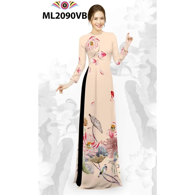 Bộ áo dài truyền thống may sẵn họa tiết hoa sen màu vàng bò (Cả bộ) 4