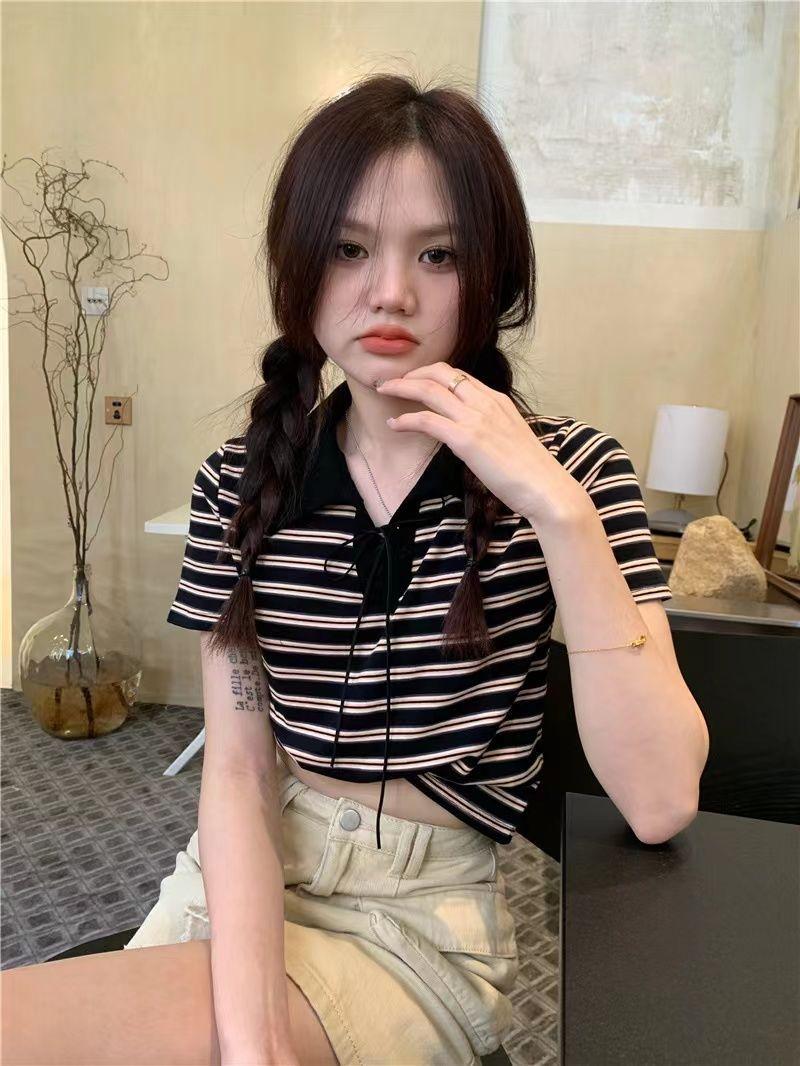 Product Introduction of Áo Thun Sọc, Cổ Polo Màu Tương Phản, Dành Cho Nữ, Phong Cách Cổ Điển Mùa Hè, Mỏng Vừa Vặn, Ngắn Tay, Áo Vai Ngắn, Bán Chạy 29
