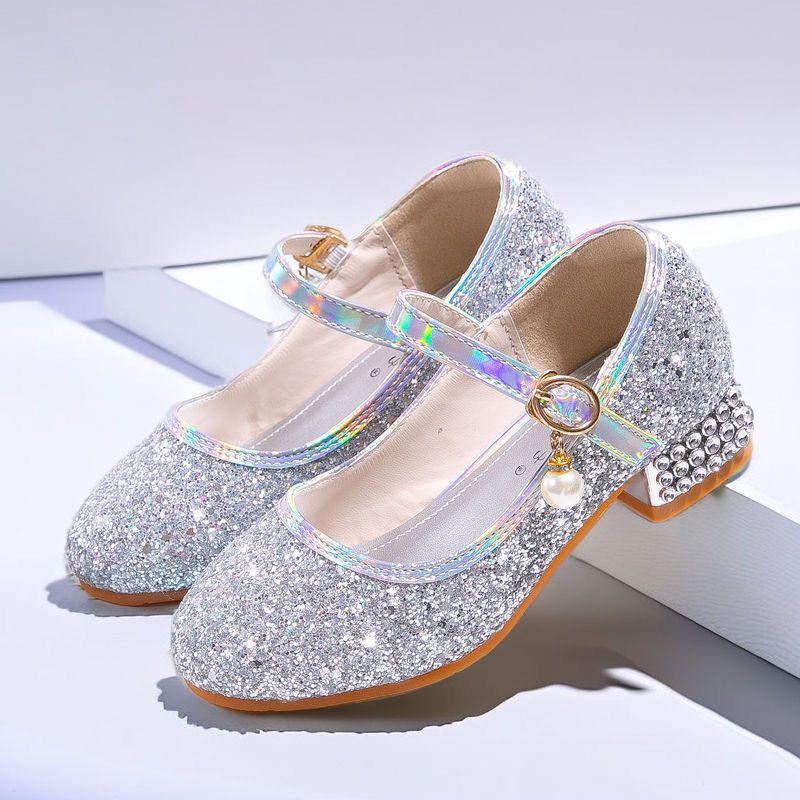 Sandal untuk Kanak-kanak Perempuan, Cantik, Kasut Kulit Kecil, Kasut Tumit Tinggi, Pam Kristal, Sesuai untuk Kanak-kanak Perempuan, Pakaian Perak Catwalk, Persembahan Piano, Remaja, Puteri 0