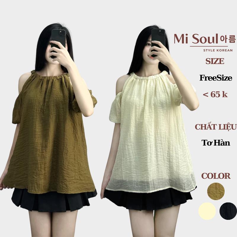 Áo Voan Cổ Yếm Khoét Vai Misoul,Áo Babydoll Nữ Chất Liệu Tơ Hàn Quốc FreeSize 193 Sơ Mi Top Women Kem Shirt Đen