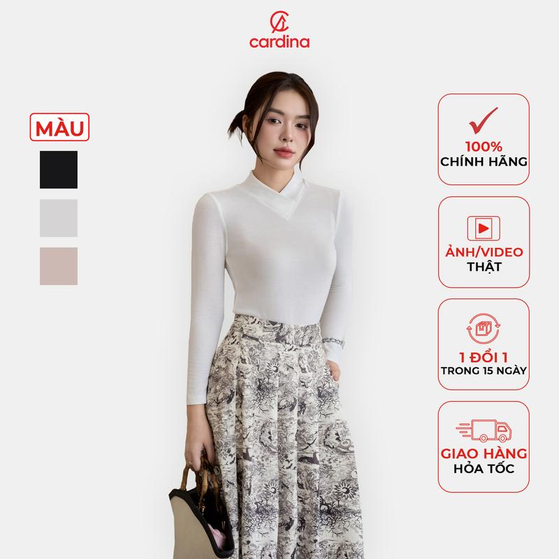 Áo thun nữ CARDINA chất liệu len muối tiêu cổ lọ vạt chéo nổi bật lạ mắt phong cách basic trẻ trung 2024 4ALD11