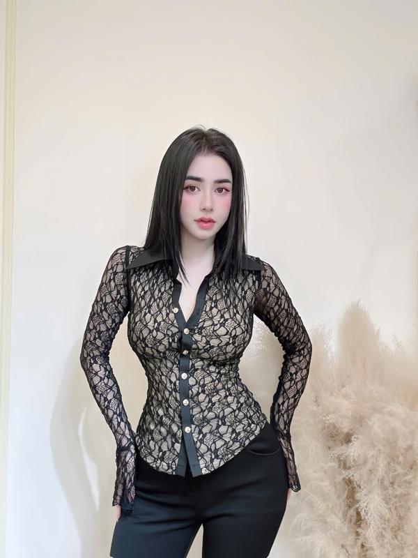 Product Introduction of Áo Sơmi Ren Nữ Tay Dài Loe Co Giãn Hai Lớp Trước Sau E11 10