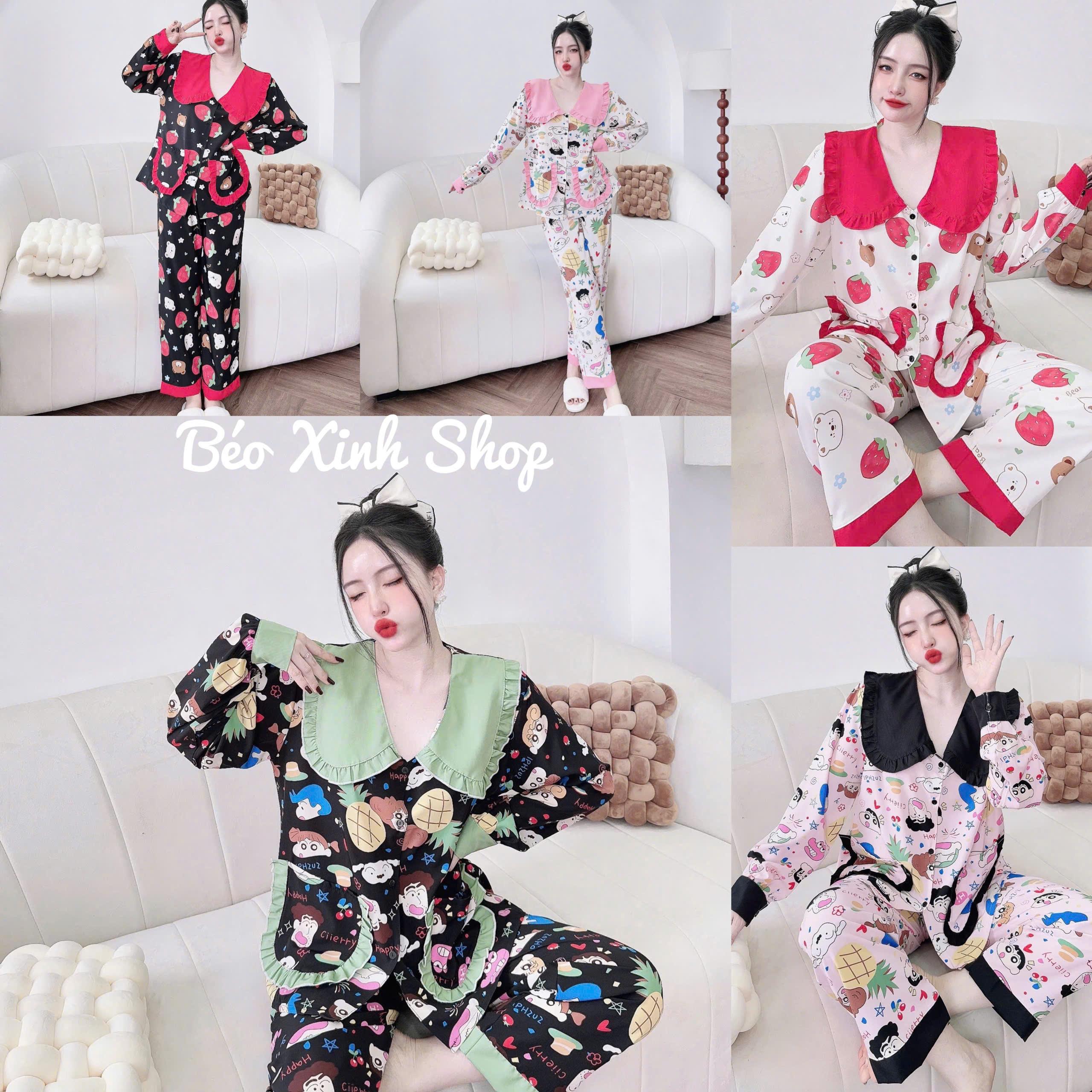 Đồ Bộ - Đồ Ngủ Tay Dài Pijama Bigsize 50-100kg Vải Lụa Nhật Cổ Bèo Tiểu Thư Nữ Áo Quần Ngủ - A.5625