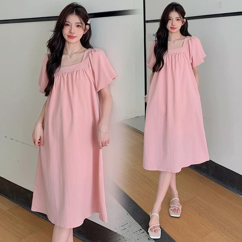 Đầm Bầu Váy Suông [VB24] Tay Bồng Màu Hồng Cổ Vuông 0