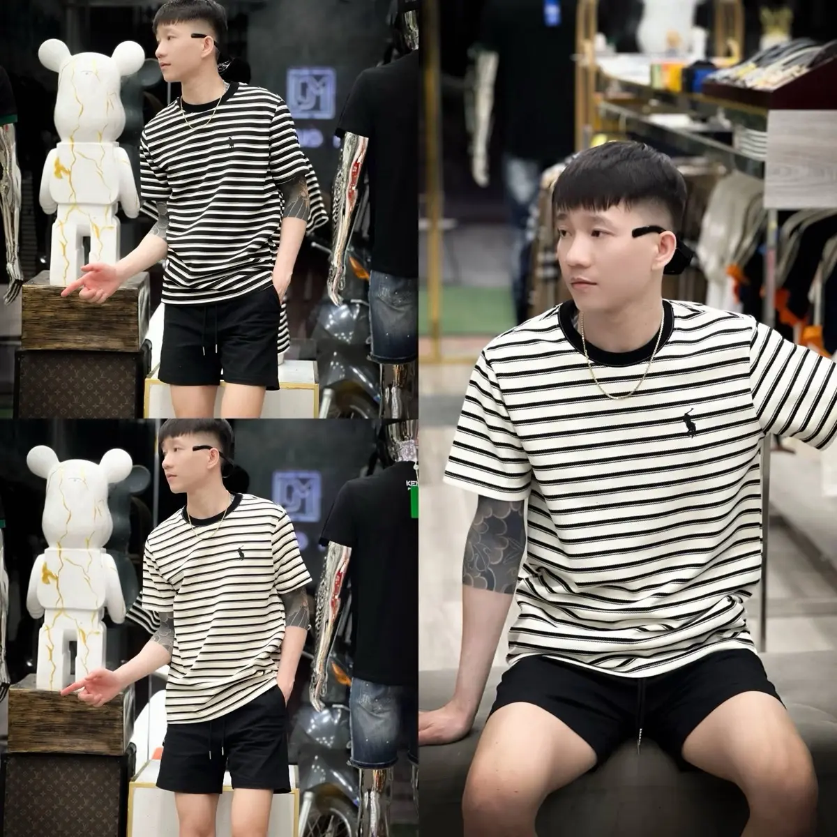 Áo Thun Sọc Thêu Chất Vải Dệt Y hình Cổ Tròn Sọc Kẻ Menswear Unisex