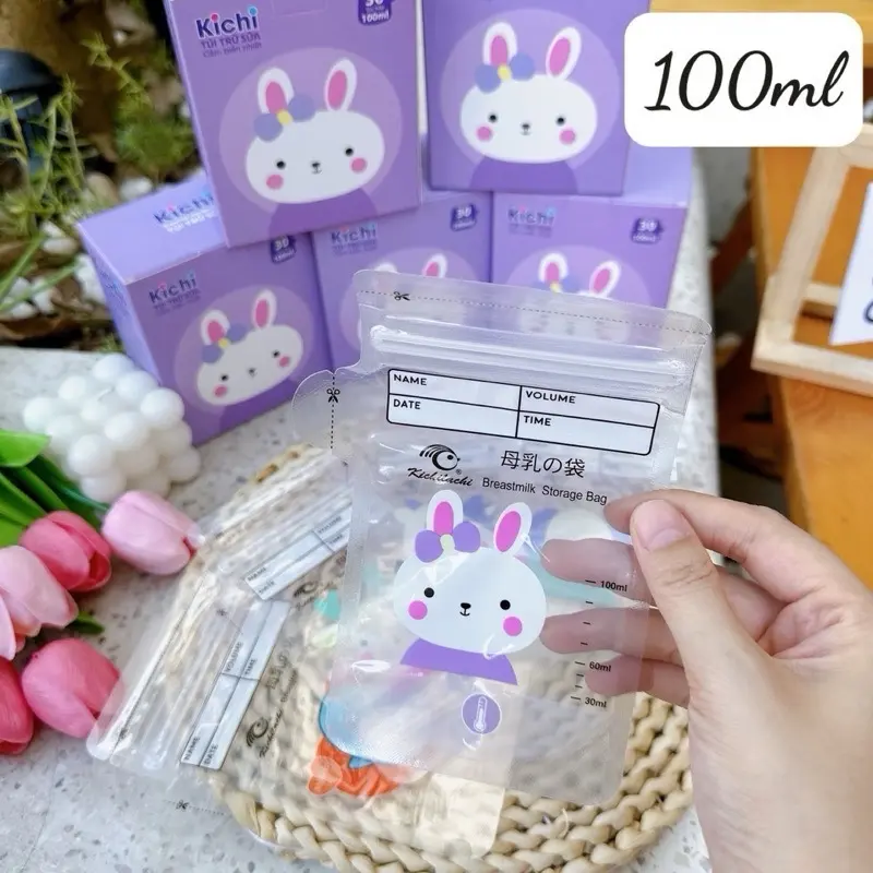 Túi trữ sữa Kichi size 100ml cảm biến nhiệt độ, có khóa zip, chắc chắn chống rò rỉ - hộp 30 túi