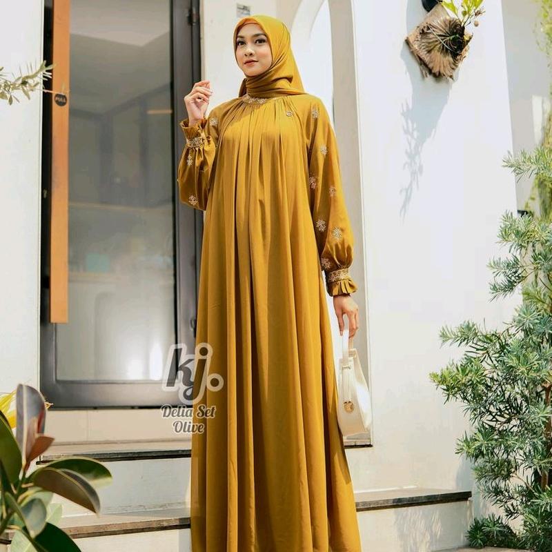 Gamis Ceruty Bordir set Hijab Gamis Delia set Original Khadijah mode 7