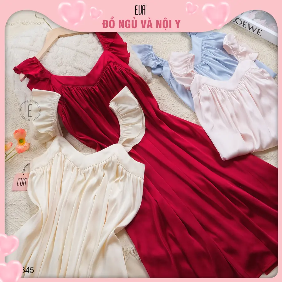 EVA Store - Váy ngủ Sleepwear Dress dáng xòe  D2345  tay áo cánh tiên phong cách tiểu thư  dành cho Nữ - 1 kích thước - 4 màu sắc