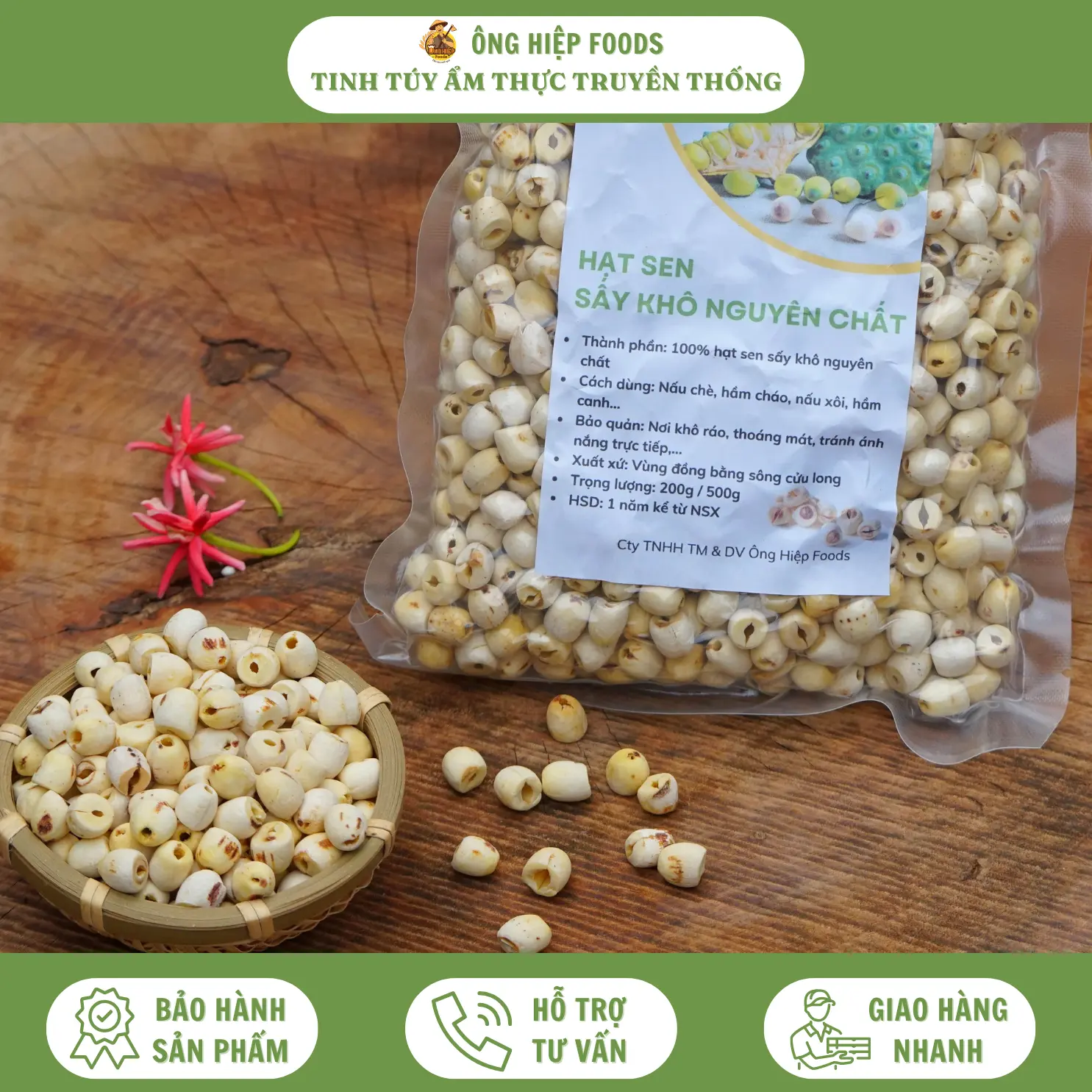 500g Hạt Sen Khô Nguyên Chất - Loại Đặc Biệt Thơm, Ngon, Bở - Ông Hiệp Foods