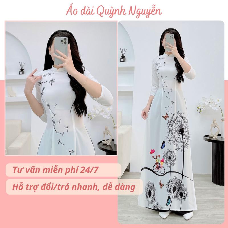 Áo dài nữ hoa nhí nữ in 6d lụa nhật MÃ N35 Women Dress Kem Nhung Sen Màu Trắng