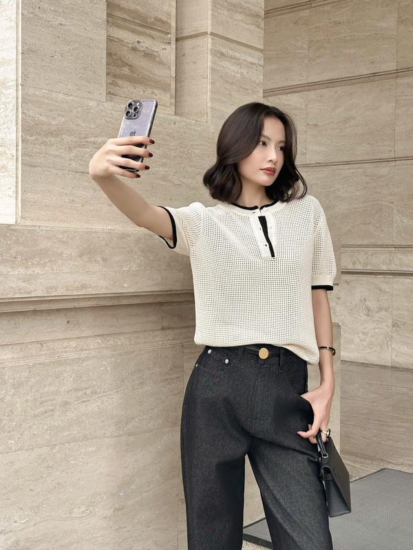 Áo len dệt kim tay ngắn cổ tròn BASIC SULI TOP