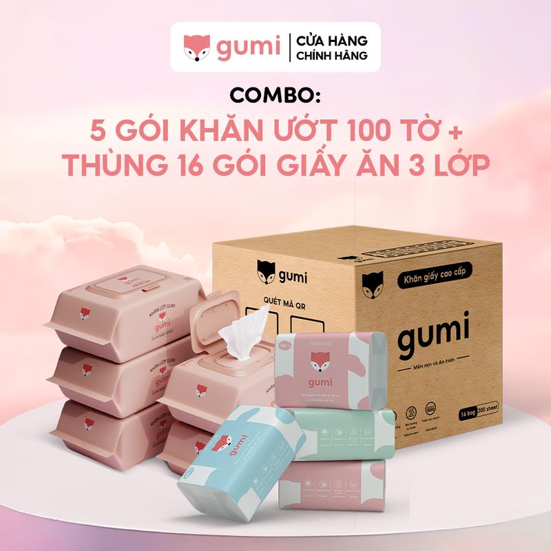 (Live) Combo 16 gói giấy ăn Gumi + Bộ 5 gói không cồn không parabens cao cấp dành cho em bé Khăn Ướt Cho Bé