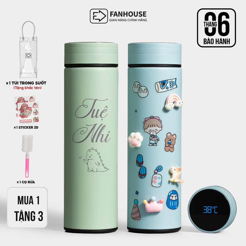 Bình giữ nhiệt Fan House chất liệu inox 316 dung tích 500ml nắp đo nhiệt độ nước, khắc tên theo yêu cầu