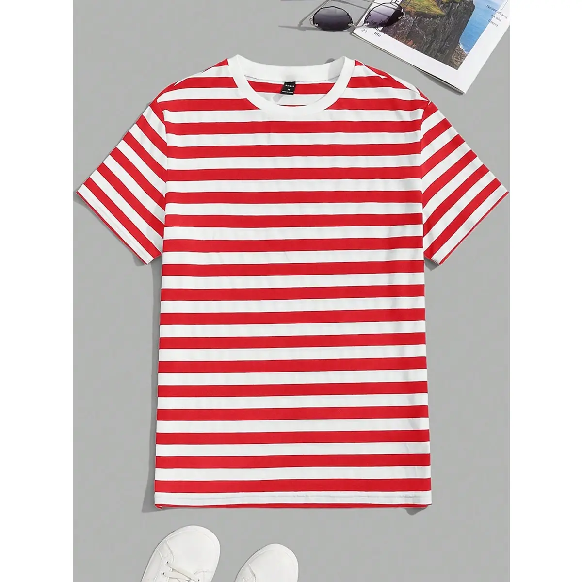 Áo Thun In Sọc, Màu Đỏ Và Trắng, Dành Cho Nam Menswear Cổ Tròn