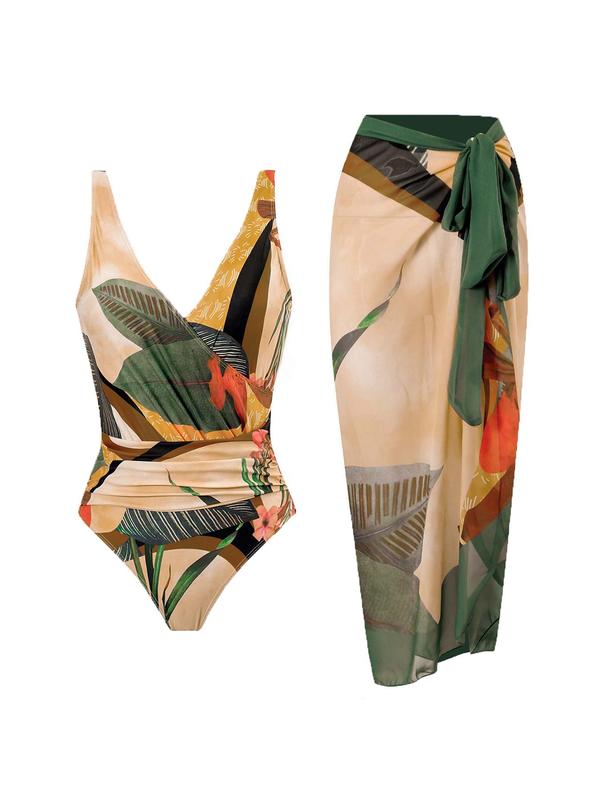 Women's Plants Print One-Piece Swimsuit & Cover Up Skirt Set, Casual Fashion Swimwear Set for Beach Holiday Vacation, Ladies Swimsuit for All Seasons 0