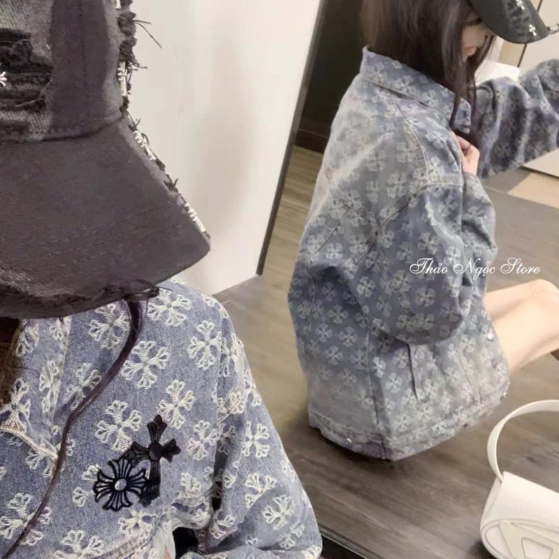 Áo khoác jean nữ tay dài form rộng họa tiết thêu chữ thập! THẢO NGỌC STORE Nữ Women Top Bò